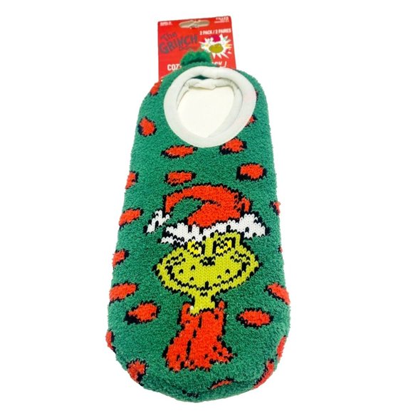 Dr. Seuss The Grinch Fuzzy Sock House Slippers 2pk Green Christmas Ankle Socks - Picture 1 of 6